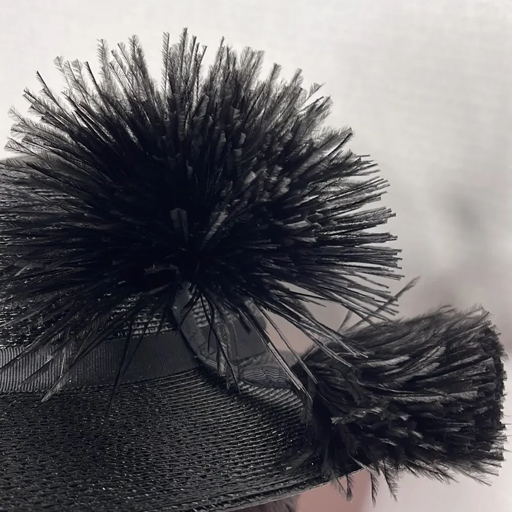 Vintage 60s Black Straw Hat with Feather Plume - Picture 3 of 15